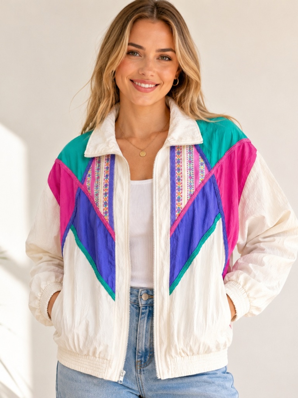 Vintage 90s Teddi Colorblock Windbreaker Large Retro Geometric Bomber Jacket